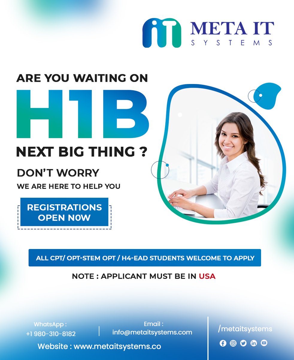 Are you waiting for H1B next big thing?
Registrations are open now.

Interested candidates can be in touch with us.
Email ID: info@metaitsystems.com

#recruiting #metait #hiring #jobsearch #metaitsystems #employment #job #H1BVisa #H1B #H1bsponsorship #recruiter #careers #opt #cpt