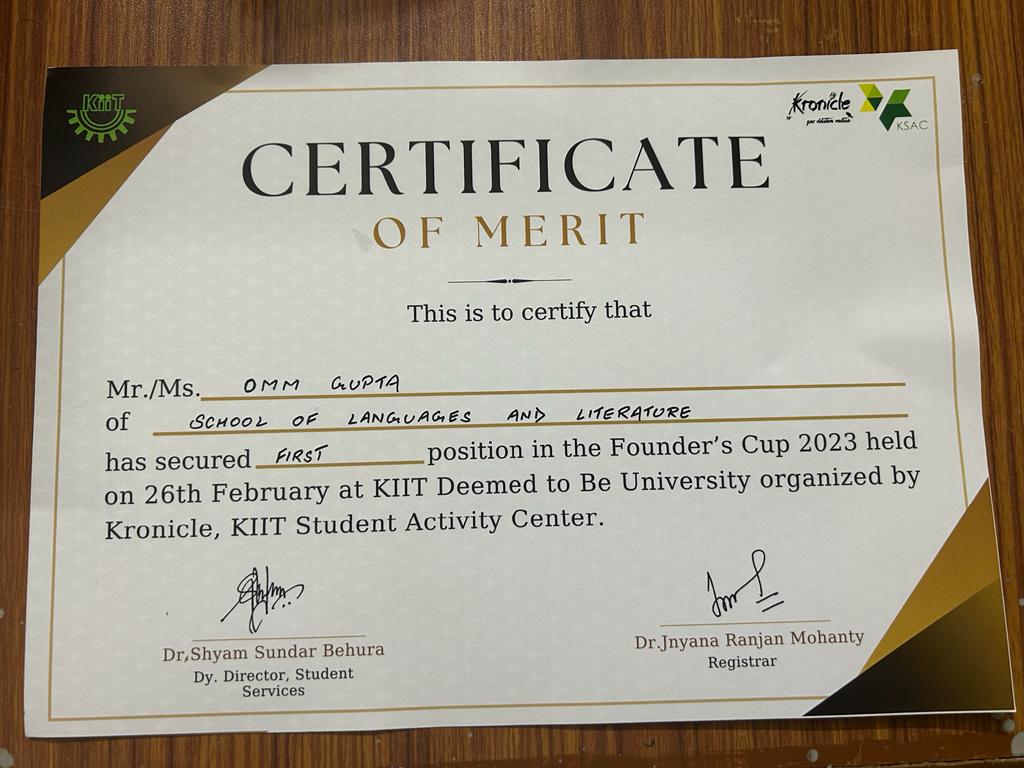 KIITSOL's tweet photo. CONGRATULATIONS! Omm Gupta, B.A. English 1st Year, KSOL for bagging First Prize at the annual debating competitions ‘The Founder's Cup’ of KIIT University organized by Kronicle, the Debating Society of KIIT functioning at KSAC.

#ksol #kiit #ksac #kronicle #kiituniversity https://t.co/8TuCcpt6Fi
