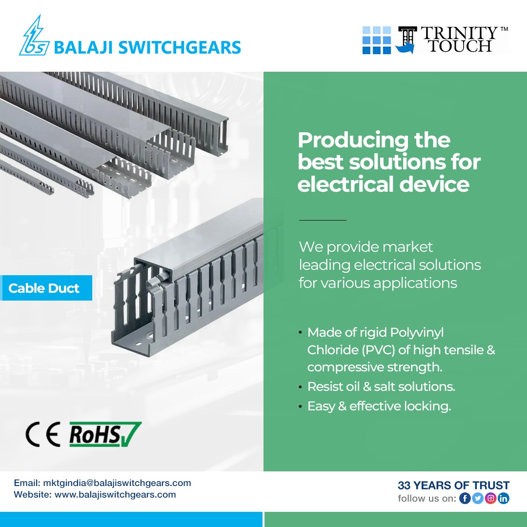 BSwitchgears's tweet image. We provide market leading electrical solutions for various applications.
Trinity Touch Wiring Ducts made of rigid PVC of high tensile and comprehensive strength.
#Discover more 
#trinitytouch #duct #business #technology #electrical #sustainability #distributor #balajiswitchgears