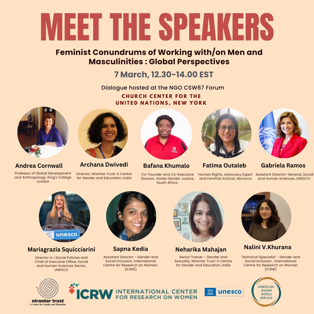 ICRWAsia's tweet photo. Here is our list of panelists and speakers for our event titled “Feminist Conundrums of Working on Men and Masculinities: Global Perspectives” at the NGO CSW67 Forum!
#feministmasculinities #NGOCSW67 #menandmasculinities #masculinitystudies @ravi_rverma @Sapna_kedia
@nalinivk https://t.co/YZZJfRj2OH