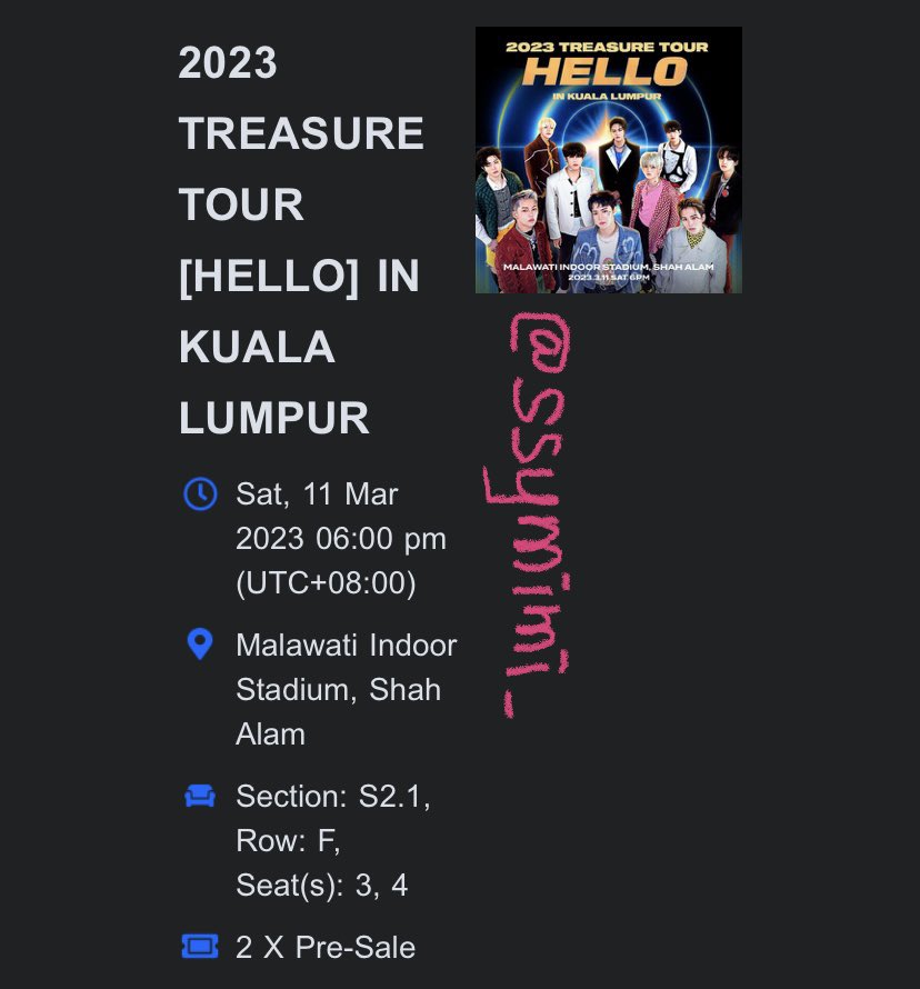 ssymimi_'s tweet photo. WTS TREASURE HELLO IN KL

ps2 1x - RM550
section : S2.1
row : F
seat : 4
can nego but srs buyer only !

rts ; i have final exam during that time :) 

#TREASUREinKL #TREASUREinMY #TREASUREinKualaLumpur #pasarTREASURE @pasarTREASURE @pasartrsr help me rt tq 🫶🏻 https://t.co/nm4tYARR9y
