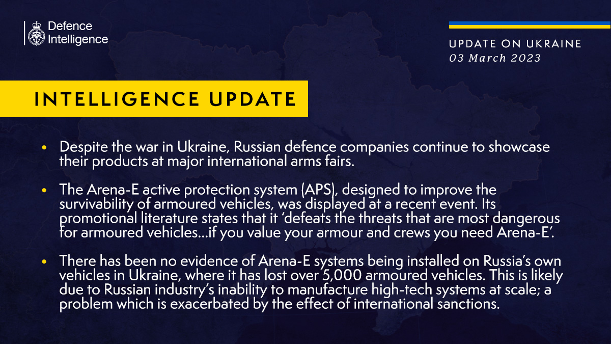 DefenceHQ's tweet image. Latest Defence Intelligence update on the situation in Ukraine - 03 March 2023

Find out more about Defence Intelligence: ow.ly/CfNk50N7SzV