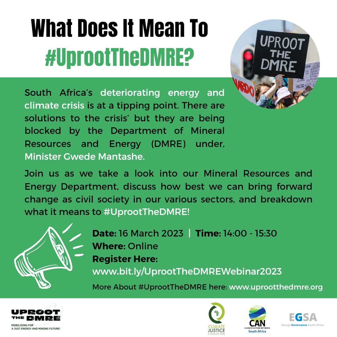 💻 WEBINAR: What does it mean to #UprootTheDMRE? On 16 March, we're digging into our @DMRE_ZA, to discuss how best we can bring forward change as civil society in our various sectors, and breakdown what it means to #UprootTheDMRE! Register here: bit.ly/UprootTheDMREW…