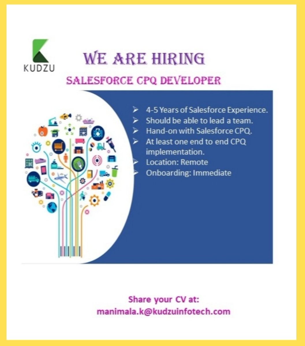 Hello Folks,
Greetings from #Kudzuinfotech

We are actively #hiring for below open position.
Interested ?:- Plz shoot your updated CV at manimala.k@kudzuinfotech.com

#Kudzu #hiring #Salesforce #CPQ #Developer #immediatehiring