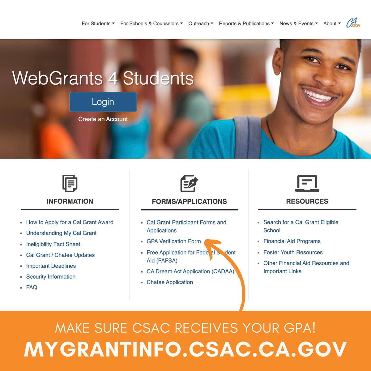 Want to be considered for a #CalGrant? Confirm that your GPA has been received by checking WebGrants 4 Students at mygrantinfo.csac.ca.gov.

Make sure you get your GPA in so you can be considered for these funds!

#undocugrad #AB540 #CADreamAct