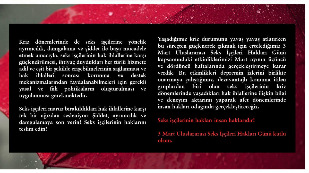 KirmiziSemsiyeD's tweet photo. Seks işçileri maruz bırakıldıkları hak ihlallerine karşı tek bir ağızdan sesleniyor: Şiddet, ayrımcılık ve damgalamaya son verin! Seks işçilerinin haklarını teslim edin! https://t.co/Kj5mu0boYi