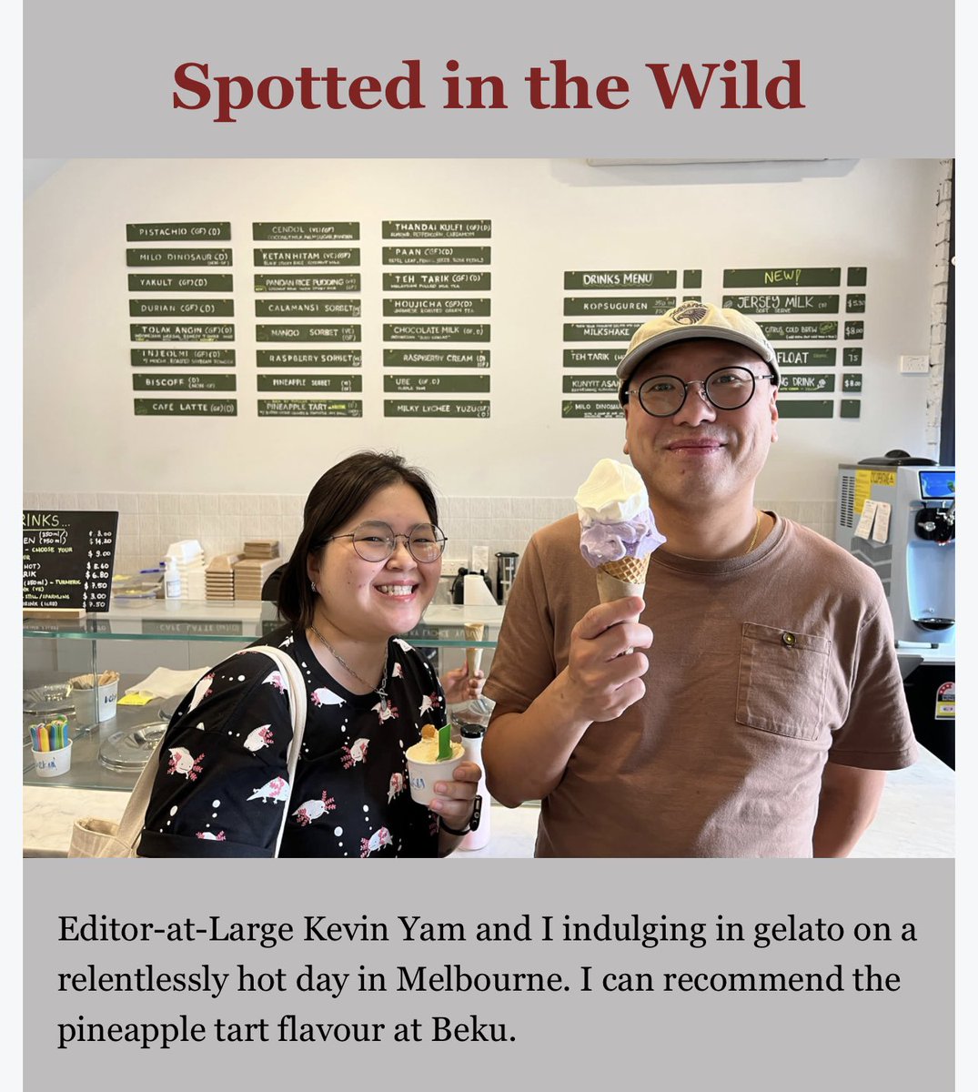 Our latest newsletter is out! It features <a href="/monkeyrockworld/">Marco Ferrarese</a>, <a href="/lnachman32/">Lev Nachman</a>, and <a href="/azrinfauzi/">Azrin Fauzi</a>, as well as <a href="/kixes/">Kirsten Han</a> and <a href="/kevinkfyam/">Kevin Yam 任建峰</a> eating exquisite gelato with South-East Asian flavours at Beku, Melbourne: preview.mailerlite.io/preview/231880…

Subscribe to our newsletter: subscribepage.io/mekongreviewwe…