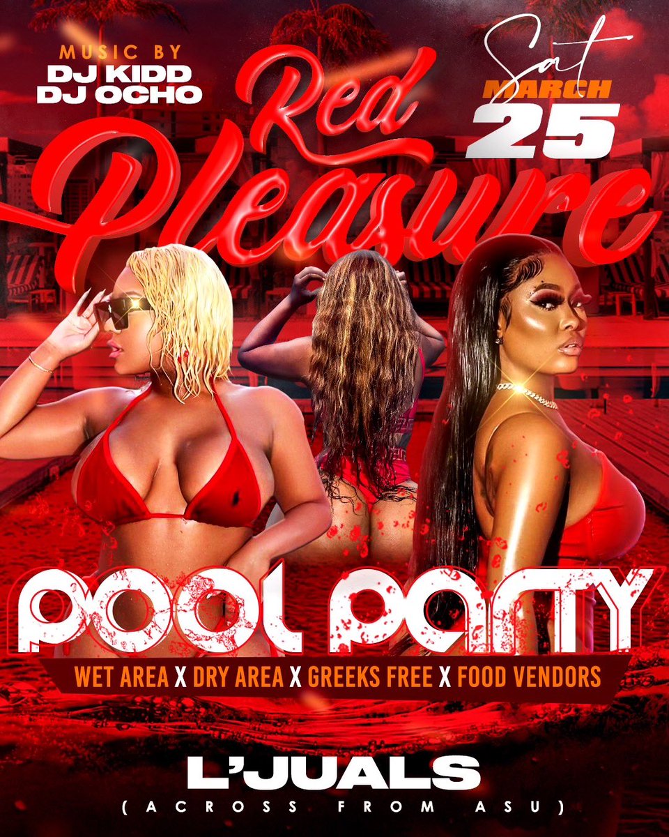 cymone_lauryn's tweet image. ☀️👙1st Pool Party of Spring 👙
☀️

💦🔴 RED PLEASURE 💦🔴

Sat March 25th @ LJUALS 🏚
(Right Across From ASU) 

Greeks Free ❤️💙💜💕💛🖤

Wet X Dry Area 

Food Vendors 🌭🍔🌮🥤

eventbrite.com/e/red-pleasure…

#ASUTwitter #DertyWorkENT