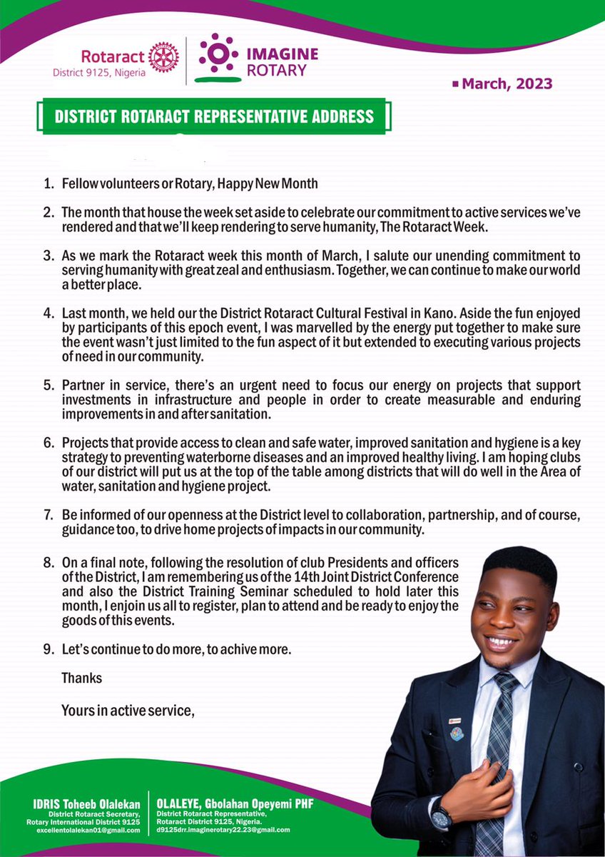 Rotaract9125NG's tweet photo. The District Rotaract Representative address for the month of March.
Happy New Month partners
May this month favour us all
May we not toil in vain.
#RotaractD9125
#HappyNewMonth
#SynergyTeam
#ImagineRotary
#WaterAndSanitation
#RotaryInternational https://t.co/iEBFUufZ2p