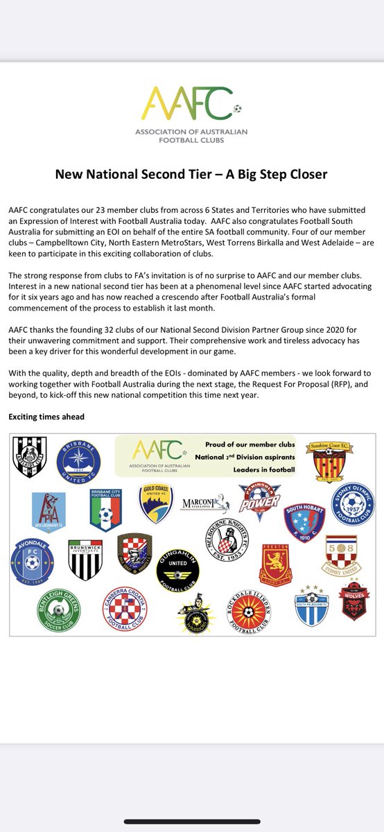 AAFClubs's tweet photo. NEW NATIONAL SECOND TIER EXPRESSION OF INTERESTS ARE IN! 

Congratulations to all the clubs and applicants who have submitted their EOI supporting this historic development in Australian football. 

1/2 https://t.co/5ERrxvRIPU