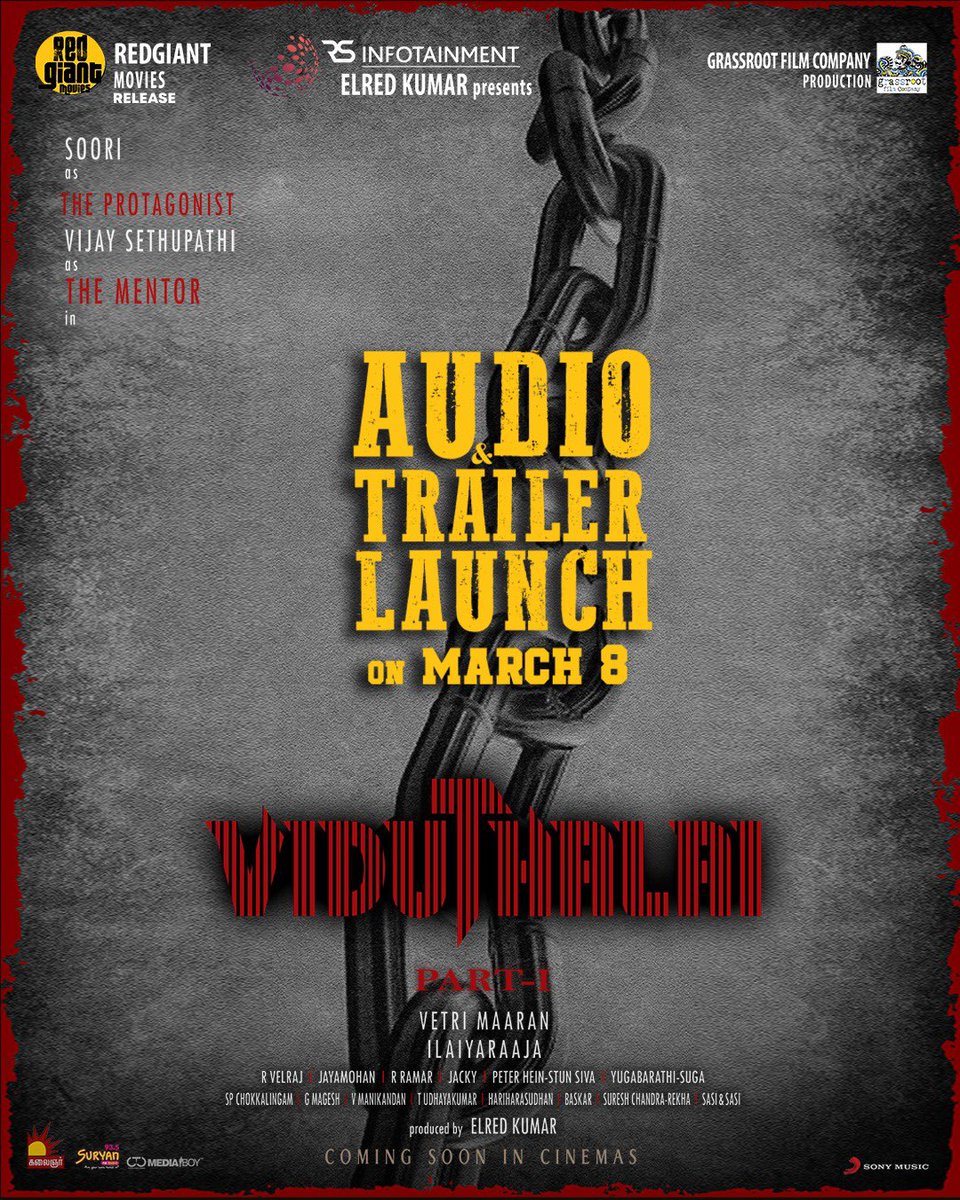 Red (@elredkumar) on Twitter photo Audio & Trailer launch of #viduthalaipart1 on March 8️⃣
🎬 #VetriMaaran
🎼 <a href="/ilaiyaraaja/">Ilaiyaraaja</a>
<a href="/VijaySethuOffl/">VijaySethupathi</a> <a href="/sooriofficial/">Actor Soori</a> <a href="/rsinfotainment/">RS Infotainment</a> <a href="/BhavaniSre/">Bhavani sre</a> <a href="/GrassRootFilmCo/">Grass Root Film Co</a> <a href="/RedGiantMovies_/">Red Giant Movies</a> <a href="/mani_rsinfo/">manikandan</a> <a href="/SonyMusicSouth/">Sony Music South India</a> <a href="/DoneChannel1/">Done Channel</a> @CtcMediaboy Audio & Trailer launch of #viduthalaipart1 on March 8️⃣
🎬 #VetriMaaran
🎼 <a href="/ilaiyaraaja/">Ilaiyaraaja</a>
<a href="/VijaySethuOffl/">VijaySethupathi</a> <a href="/sooriofficial/">Actor Soori</a> <a href="/rsinfotainment/">RS Infotainment</a> <a href="/BhavaniSre/">Bhavani sre</a> <a href="/GrassRootFilmCo/">Grass Root Film Co</a> <a href="/RedGiantMovies_/">Red Giant Movies</a> <a href="/mani_rsinfo/">manikandan</a> <a href="/SonyMusicSouth/">Sony Music South India</a> <a href="/DoneChannel1/">Done Channel</a> @CtcMediaboy