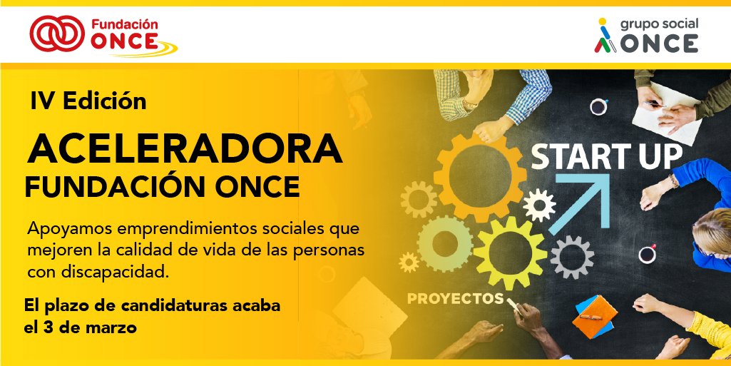 AMPLIAMOS hasta el 10 de marzo para que puedas presentar tu proyecto a la IV edición del programa de aceleración para emprendedores, startups y empresas que mejoren la calidad de vida de las personas con #discapacidad. 

Más info 👉 ow.ly/kCZM50MWM9R 

#AccesibilidadFONCE