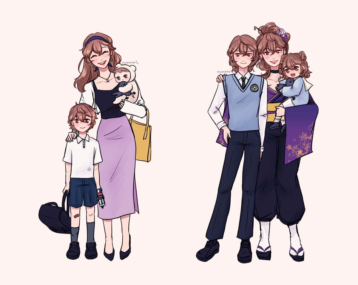 mother and son multiple girls brown hair bag skirt baby family  illustration images