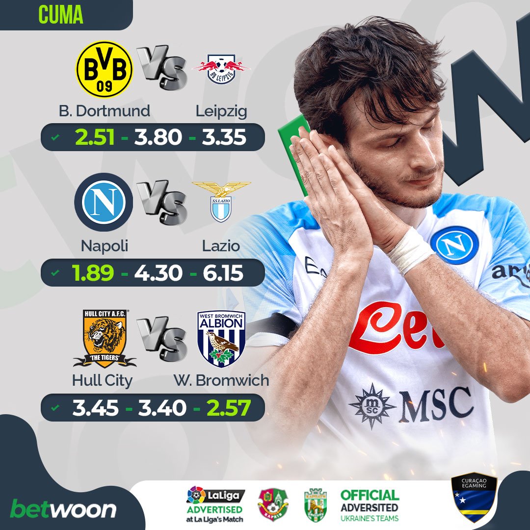 👉TÜM MAÇLAR EN YÜKSEK ORANLARIYLA #BETWOON'DA!

🎁100TL DENEME BONUSU!

⚽B. Dortmund🥅Leipzig
⚽Napoli🥅Lazio
⚽Hull City🥅W. Bromwich

🎁%300 İLK YATIRIM BONUSU!

➡rebrand.ly/SocialMediaa

#betwoon #sport #bahis #iddaa #canlı