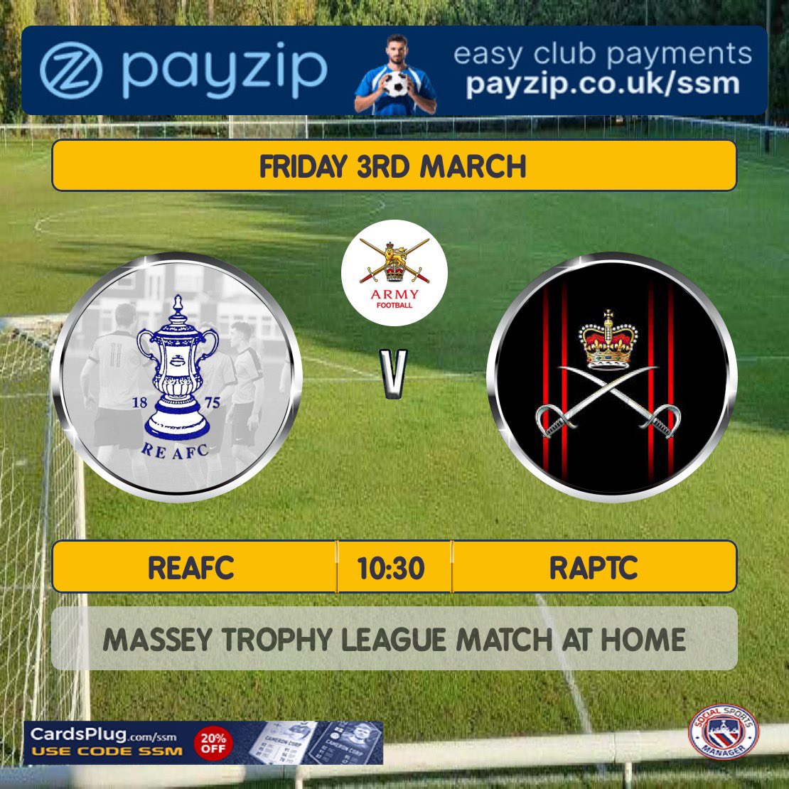 Sapper Football (@sapperfootball) on Twitter photo After the success of our women’s team last week with their 3-0 win against the RLC Women, it’s now the turn of our men’s team who face a tough test against the <a href="/RAPTCfootball/">RAPTC Football Club</a> at our home pitch. <a href="/Proud_Sappers/">Corps of Royal Engineers</a> <a href="/CorpsColRE/">Corps Col RE</a> <a href="/Armyfa1888/">Army FA</a> #football After the success of our women’s team last week with their 3-0 win against the RLC Women, it’s now the turn of our men’s team who face a tough test against the <a href="/RAPTCfootball/">RAPTC Football Club</a> at our home pitch. <a href="/Proud_Sappers/">Corps of Royal Engineers</a> <a href="/CorpsColRE/">Corps Col RE</a> <a href="/Armyfa1888/">Army FA</a> #football