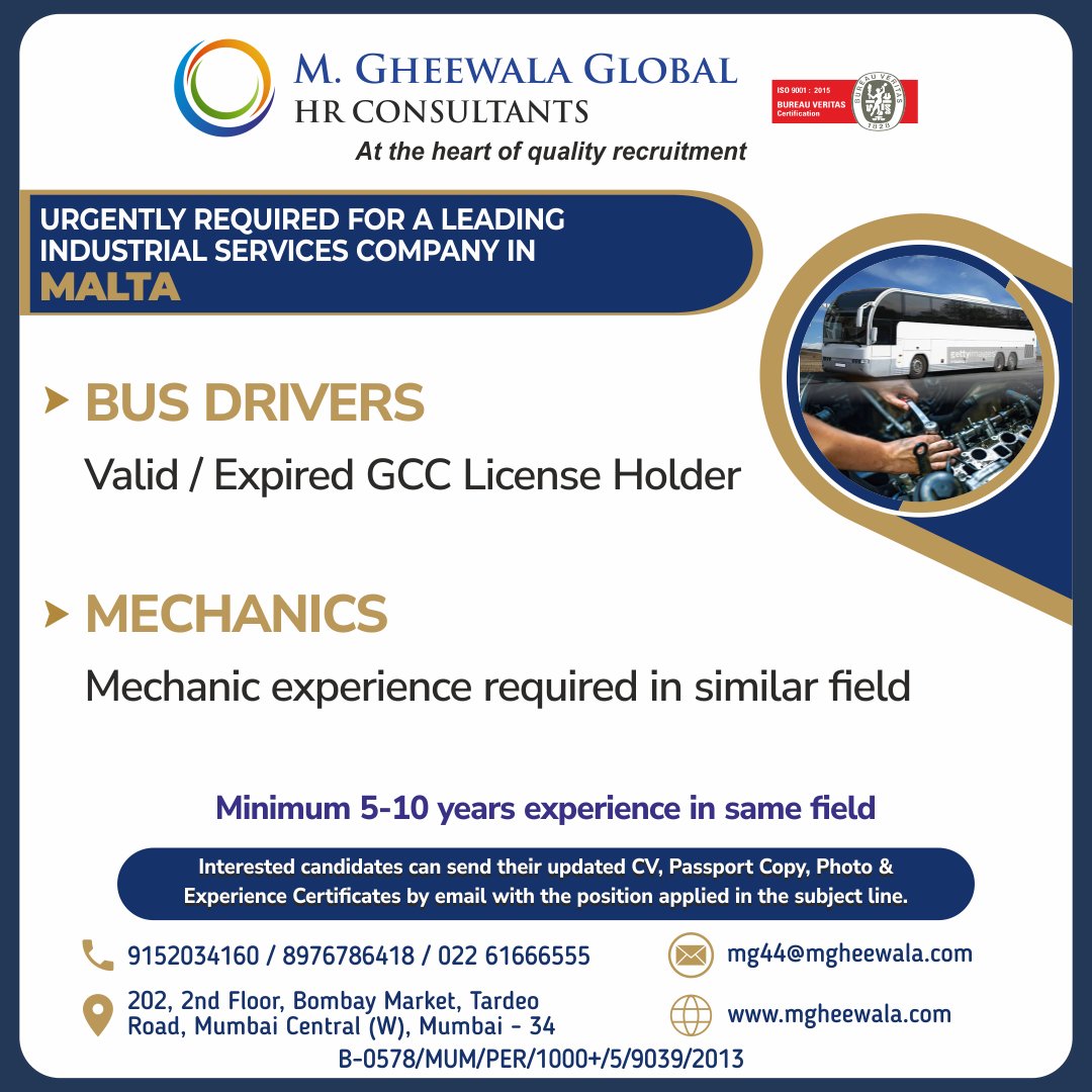 mgheewala_hrc's tweet photo. Job Vacancies for #Malta

Interested Candidates can send the updated resume to mg44@mgheewala.com

Learn More https://t.co/Ps4bxv2mB1

#overseasrecruitment #resume #jobvacancies #cv #driverjobs #experiencerequired #mechanicjobs #share https://t.co/w4JYKYrdfJ