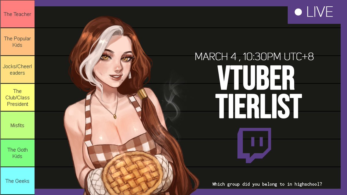 DROP YOUR PNGS because we will be having a VTUBER TIERLIST of "which Group did you belong to in Highschool?" on March 4 10:30PM UTC+8! This will only be up for 30 hours so join in asap!!

(Do note: One tier is not better than the other in this tierlist, all equal.) SEE YALL! <3