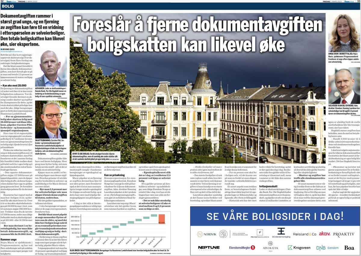 Jeg snakker med <a href="/Finansavisen/">Finansavisen</a> om skatteutvalgets fornuftige forslag om om fjerne dokumentavgiften. Den svekker mobiliteten i samfunnet, rammer de unge hardest og er realiteten et ekstra egenkapitalkrav. 

finansavisen.no/bolig/2023/03/… <a href="/eiendomsmegling/">Eiendom Norge</a>