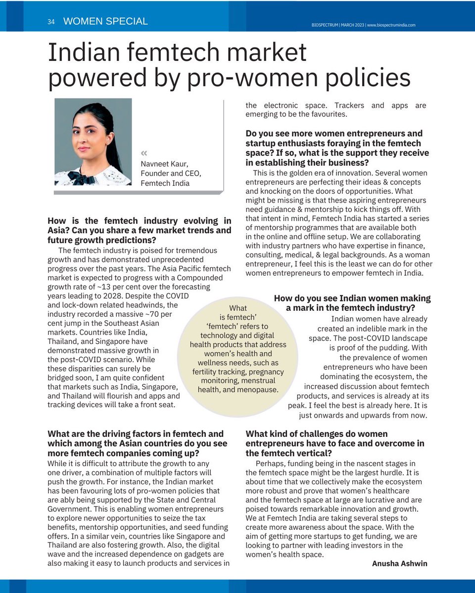 Honored to be included in the March edition of BioSpectrum India and share my thoughts on the Indian Femtech market how women entrepreneurs are likely to take center stage and the Femtech ecosystem poised to welcome this growth. biospectrumindia.com/views/17/22711… @BSI_social