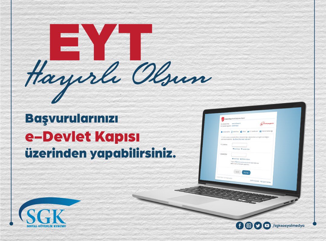 Emeklilikte Yaşa Takılan vatandaşlarımıza 
HAYIRLI OLSUN

Başvurularınızı e-Devlet Kapısı üzerinden yapabilirsiniz.

#EYT
#HayırlıOlsun

<a href="/ekapi/">e-Devlet Kapısı</a> <a href="/dijital/">Dijital</a>

Başvuru için tıklayın👇
🔗 ddo.link/eyt