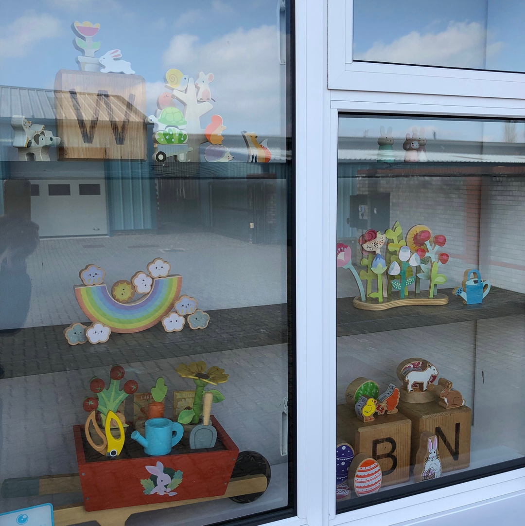 New window display 

They still reflect, but at least I managed not to get in there myself!

Changing over our window to the theme of gardening and Easter. Here you can see <a href="/tenderleaftoys/">Tender Leaf Toys</a> Bunny Tales, Garden Stacking, Flower Bed and Garden Wheelbarrow Set, @classicworldtoys Rain