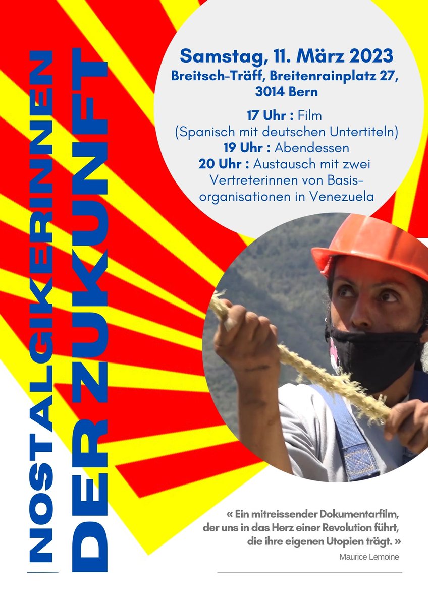 CubaSuizaNacion's tweet photo. 11. März in Bern: Film und Austausch mit zwei Vertreterinnen selbstverwalteter Kollektivs in #Venezuela #ComunaONada @PdABern @fuerschi @tanjab1006 @breitschtraeff @EmbaVESuiza https://t.co/5AuFrJTWIz