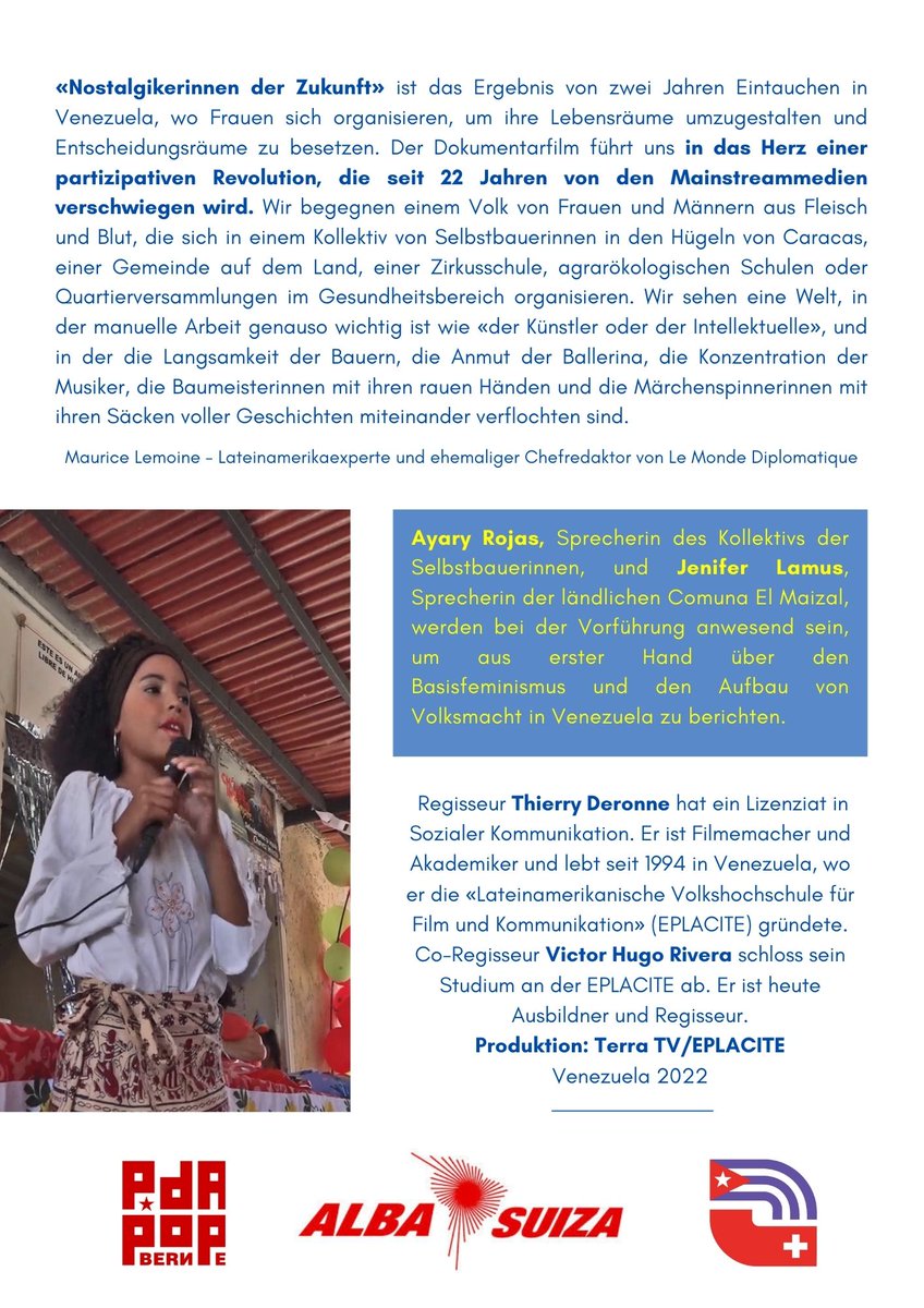 Suiza-Cuba Nacional (@cubasuizanacion) on Twitter photo 11. MÀrz in Bern: Film und Austausch mit zwei Vertreterinnen selbstverwalteter Kollektivs in #Venezuela #ComunaONada <a href="/PdABern/">PdA Bern</a> <a href="/fuerschi/">vorwÀrts</a> <a href="/tanjab1006/">Tan Ben</a> <a href="/breitschtraeff/">Breitsch-TrÀff</a> <a href="/EmbaVESuiza/">Embajada de Venezuela en Suiza</a> 11. MÀrz in Bern: Film und Austausch mit zwei Vertreterinnen selbstverwalteter Kollektivs in #Venezuela #ComunaONada <a href="/PdABern/">PdA Bern</a> <a href="/fuerschi/">vorwÀrts</a> <a href="/tanjab1006/">Tan Ben</a> <a href="/breitschtraeff/">Breitsch-TrÀff</a> <a href="/EmbaVESuiza/">Embajada de Venezuela en Suiza</a>