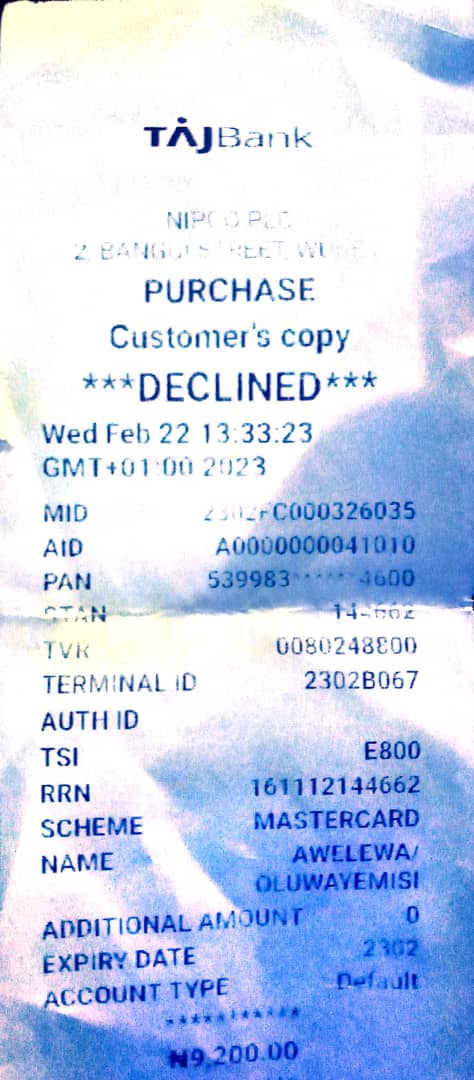 John81882196's tweet photo. @gtbank_help
Good morning team, I wish to inform you that my POS transaction carried out on the 23rd of February 2023 was declined, and my account debited, yet not revered till date.
See attached receipt. https://t.co/ZT3ZTSRub5