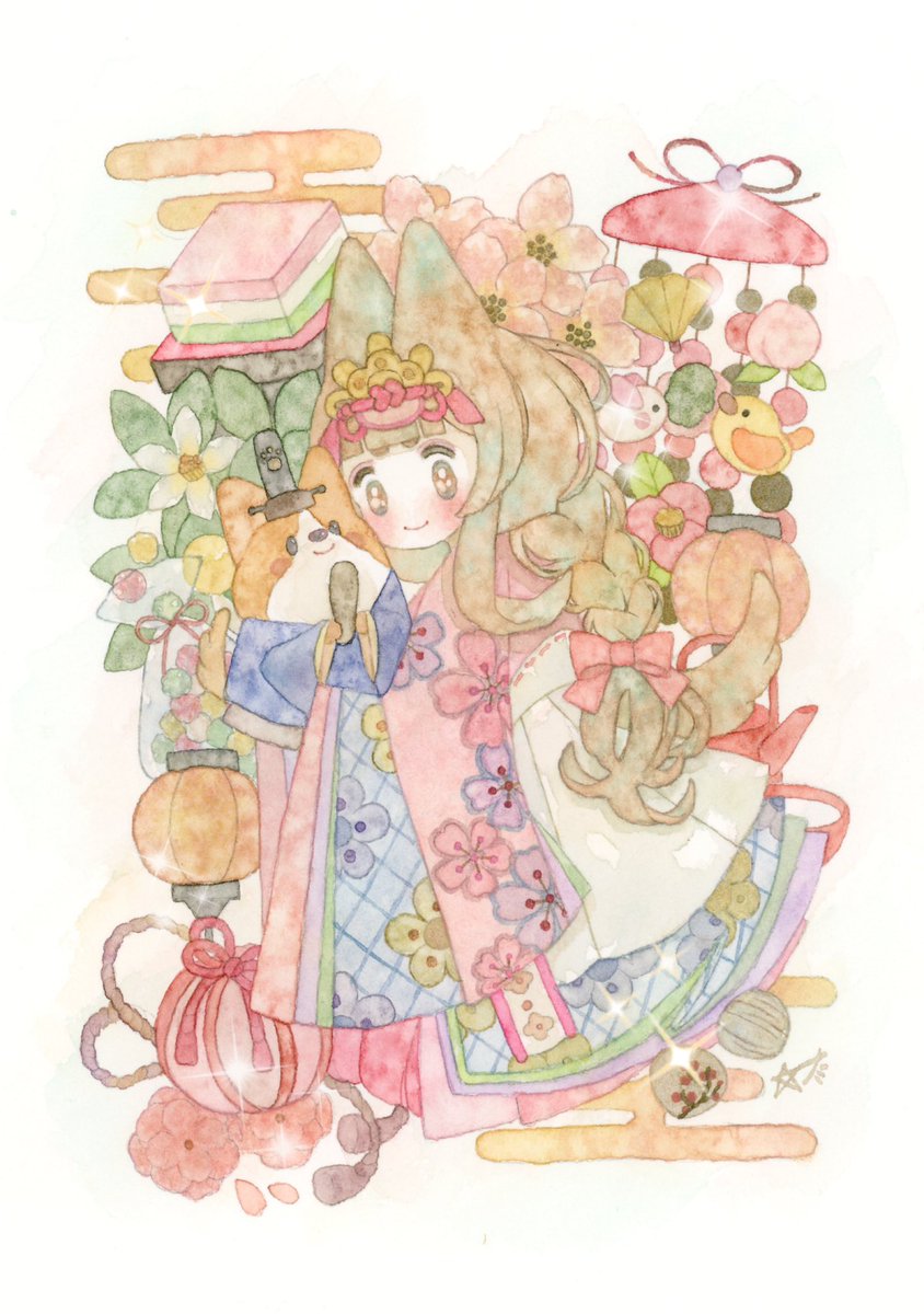 1girl flower braid long hair solo animal ears japanese clothes  illustration images