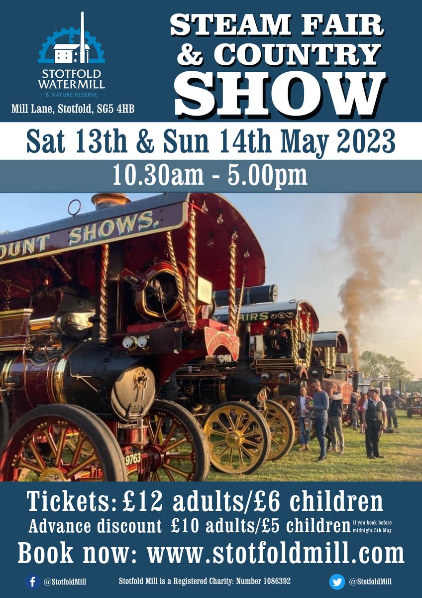 Have You Booked Your Tickets for this year's Show? No? 
Book now for discounted tickets until Midnight May 5th. 
Tickets are full price from 5th May online or on the gate.
Steam Engines &amp; Fairground Rides Fun For The Family

stotfoldmill.com
#steamengine #funfair #families