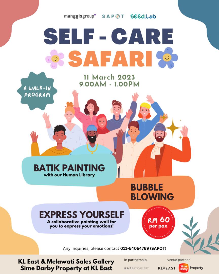 In honour of International Women’s Day, join us for a fun day at SAPOT’s Self-Care Safari!  Bring your loved ones and let’s create core memories together. 

 #mentalhealth
#IWD
#SAPOT
#peersupport
#wesapotyou 
#breakingthestigma 
#mentalhealthawareness 
#mentalhealthmatters