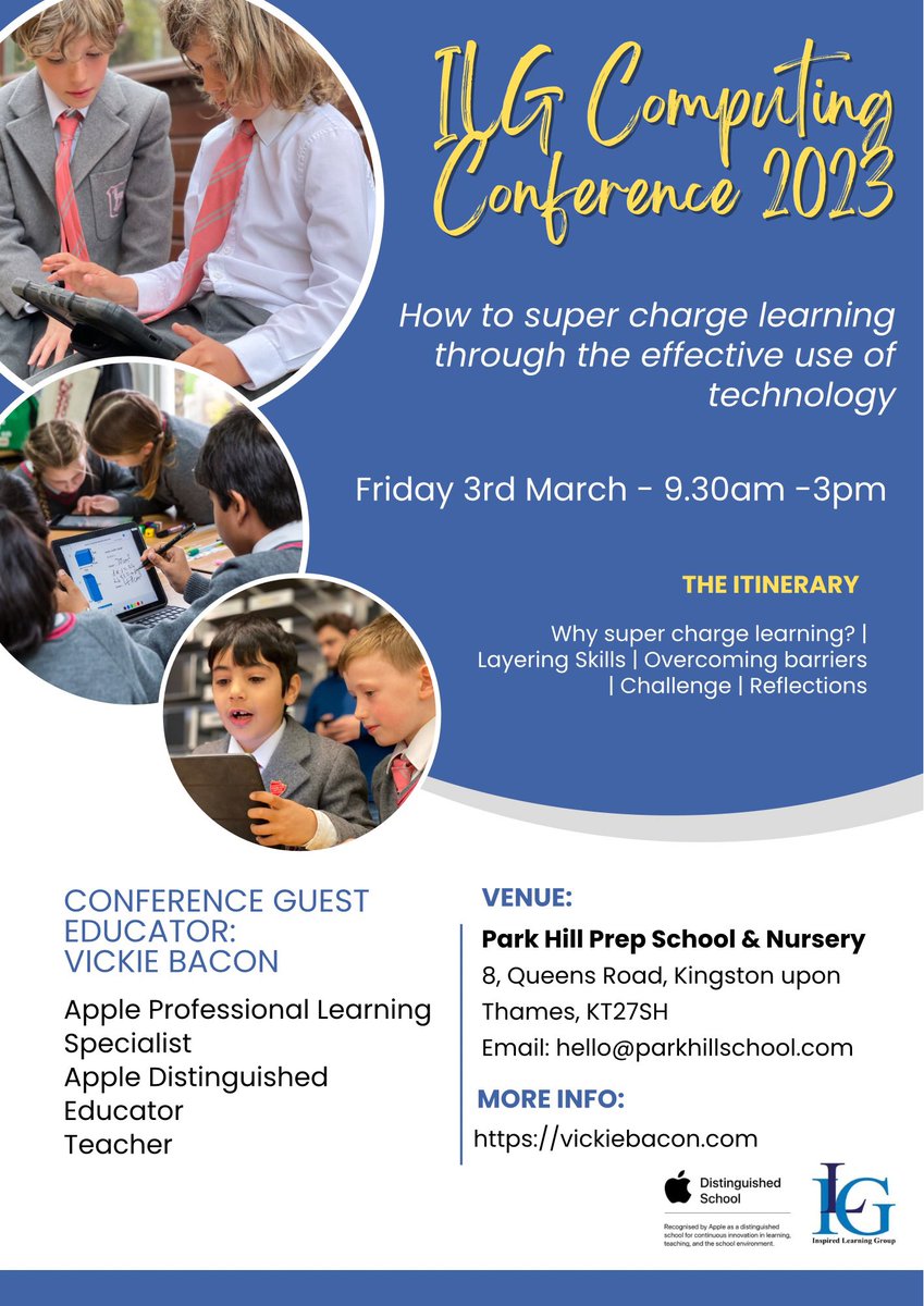 Looking forward to welcoming friends from across <a href="/ILG_uk_ltd/">INSPIRED LEARNING GROUP</a> for our annual Computing Conference today. ‘Personal Learning in a Creative Environment’ with <a href="/vickiebacondpc2/">Vickie Bacon,</a> <a href="/AppleEDU/">Apple Education</a> #confidentcurioushappy #appledistinguishedschool