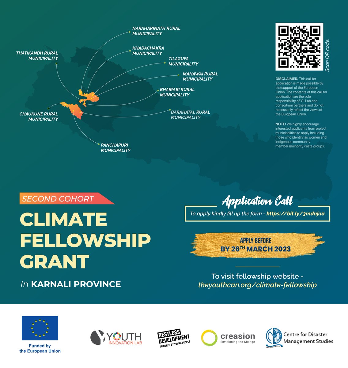 *APPLICATION CALL FOR THE SECOND COHORT OF CLIMATE FELLOWSHIP GRANT*
To apply for Climate Fellowship Grant, submit your online application at bit.ly/3mdnjua by 26 March 2023.

#TheYouthCan #climatefellowship #climatefellowshipgrant #bipadlocalization #ldcrp #Karnali