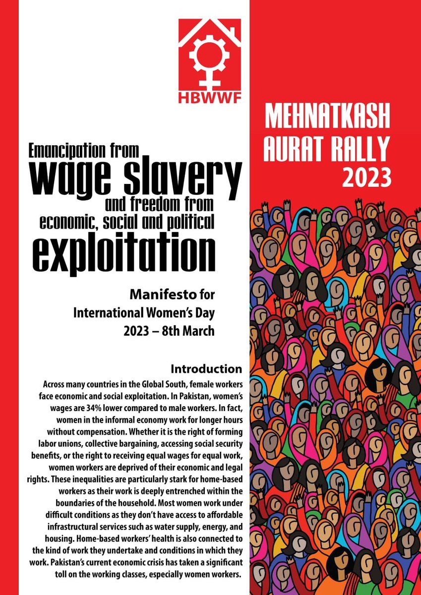 HBWWF (@hbwwfpk) on Twitter photo 8th March International Working Women's Day
ہماری جدوجہد۔ ہمارا نعرہ
اجرتی غلامی, صنفی تعصب اور ماحولیاتی تباہ کاریوں سے پاک دنیا
Fawara Chowk to Art Council,Karachi
2:30pm
#MehnatkashAuratRally #8March <a href="/ntufpakistan/">NTUF</a> <a href="/NasirMansoor1/">Nasir Mansoor</a> <a href="/zehra1akhan/">Zehra</a> <a href="/AlternateYouth/">Alternate "Voice Of Youth"</a> <a href="/ishehzadmughal/">𝐒𝐡𝐞𝐡𝐳𝐚𝐝 𝐌𝐮𝐠𝐡𝐚𝐥</a> 8th March International Working Women's Day
ہماری جدوجہد۔ ہمارا نعرہ
اجرتی غلامی, صنفی تعصب اور ماحولیاتی تباہ کاریوں سے پاک دنیا
Fawara Chowk to Art Council,Karachi
2:30pm
#MehnatkashAuratRally #8March <a href="/ntufpakistan/">NTUF</a> <a href="/NasirMansoor1/">Nasir Mansoor</a> <a href="/zehra1akhan/">Zehra</a> <a href="/AlternateYouth/">Alternate "Voice Of Youth"</a> <a href="/ishehzadmughal/">𝐒𝐡𝐞𝐡𝐳𝐚𝐝 𝐌𝐮𝐠𝐡𝐚𝐥</a>