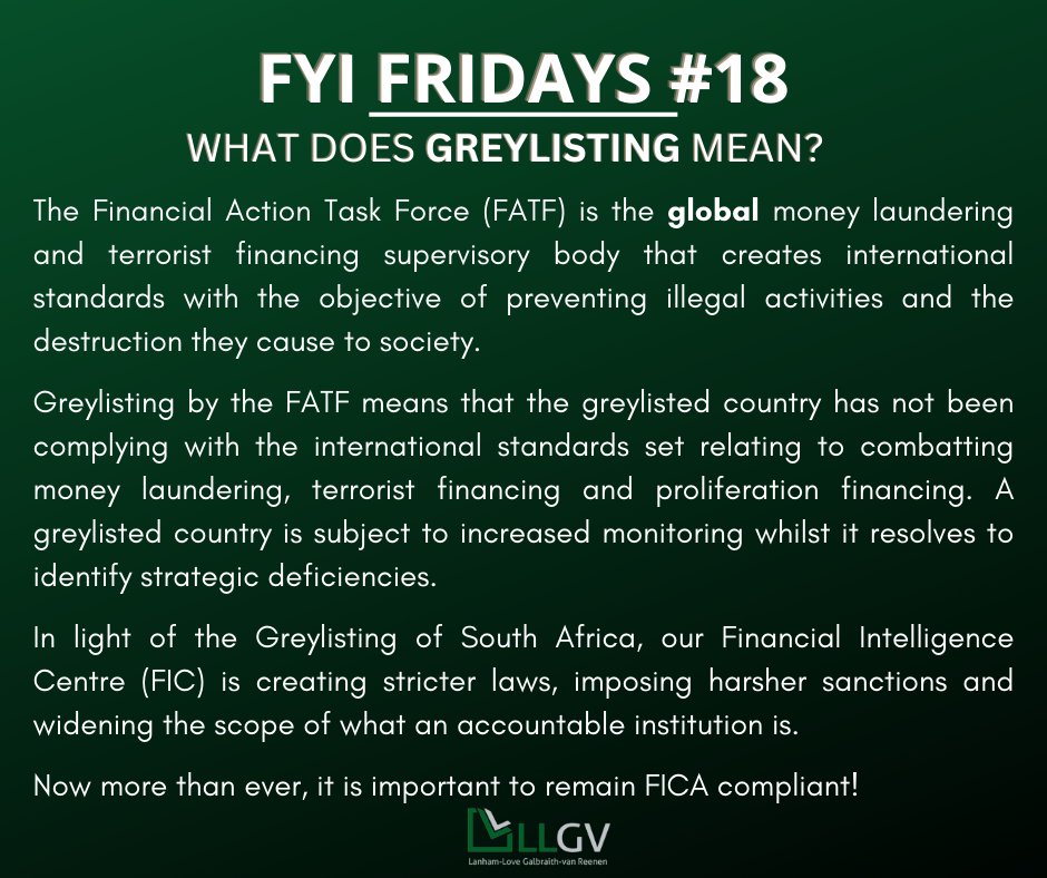 Always remain FICA compliant and regularly check the FIC website for important updates 🚨

#fica #terroristfinancing #moneylaundering #attorneys #law #fatf #global #greylisted #ficacompliance #lawyer #lawyers #lawyersofinstagram #internationalstandards #proliferationfinancing