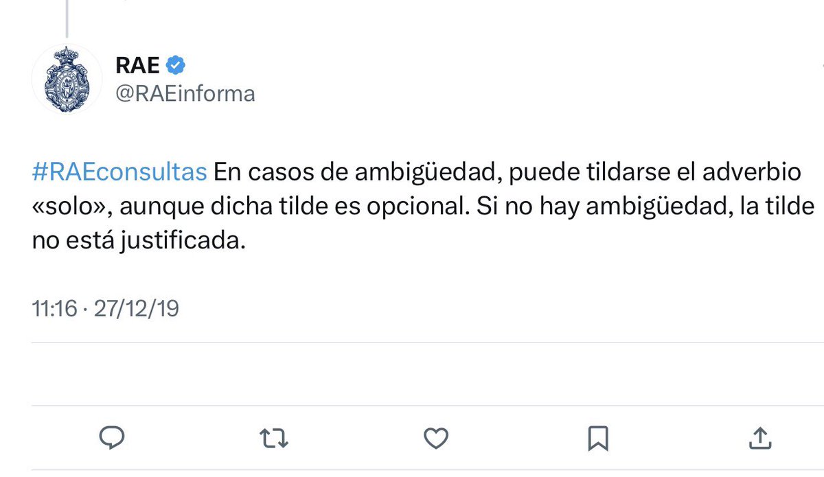 navarrotradmed's tweet photo. 🤔No entiendo el revuelo suscitado por este extraño titular de @el_pais. ¿La RAE rectifica? Yo diría que repite lo mismo que lleva diciendo desde la reforma ortográfica de 2010: el adverbio «solo», correcto siempre sin tilde; con tilde, optativo tan solo en caso de ambigüedad. https://t.co/LLvgZuWIc7