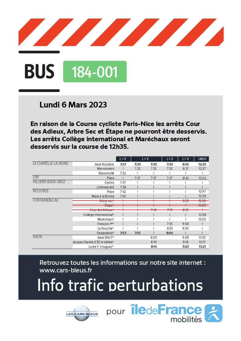 LesCarsBleus's tweet photo. En raison de la course cycliste Paris-Nice lundi 6 mars 2023 des modifications sont à prévoir. https://t.co/SpXeq3F1tf