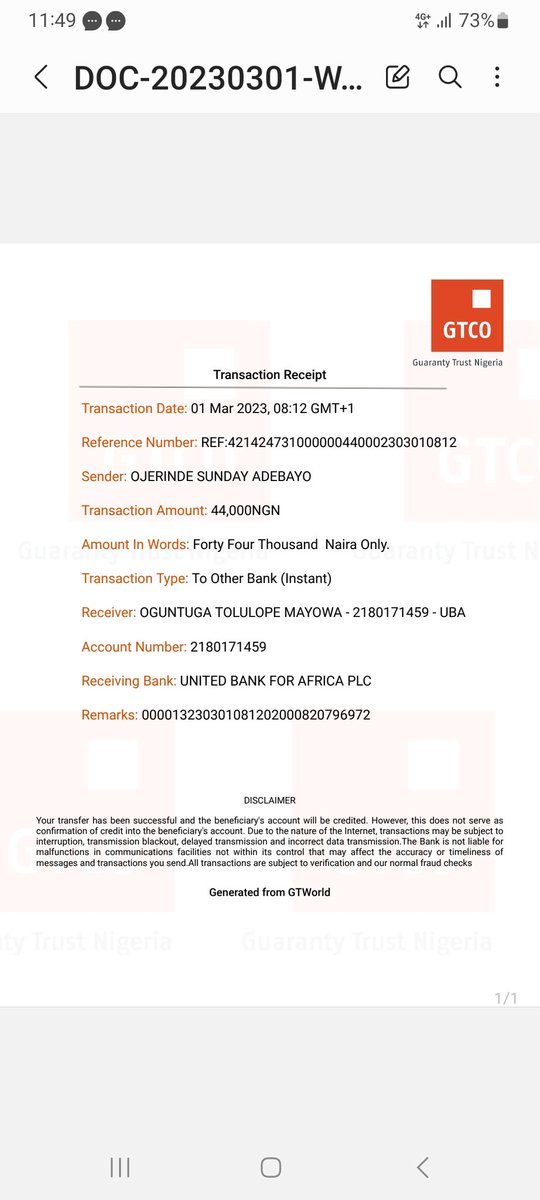 AdeOjerinde's tweet photo. @gtbank_help I did this transfer since Monday and it has not got to the beneficiary.  The receipt is attached for your prompt action. Thank you https://t.co/u61sLLdceh