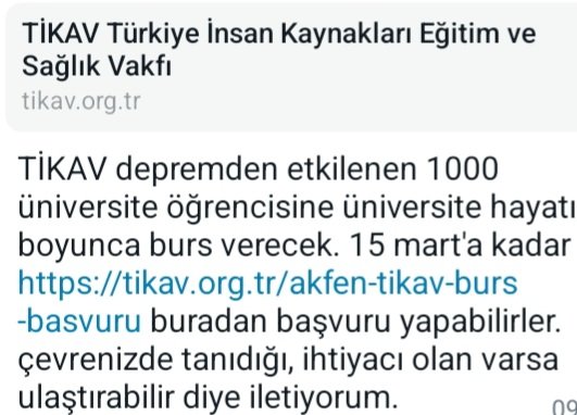 TİKAV depremden etkilenen 1000 üniversite öğrencisine üniversite hayatı boyunca burs verecek. 15 mart'a kadar tikav.org.tr/akfen-tikav-bu… buradan başvuru yapabilirler. çevrenizde tanıdığı, ihtiyacı olan varsa ulaştırabilir diye iletiyorum.