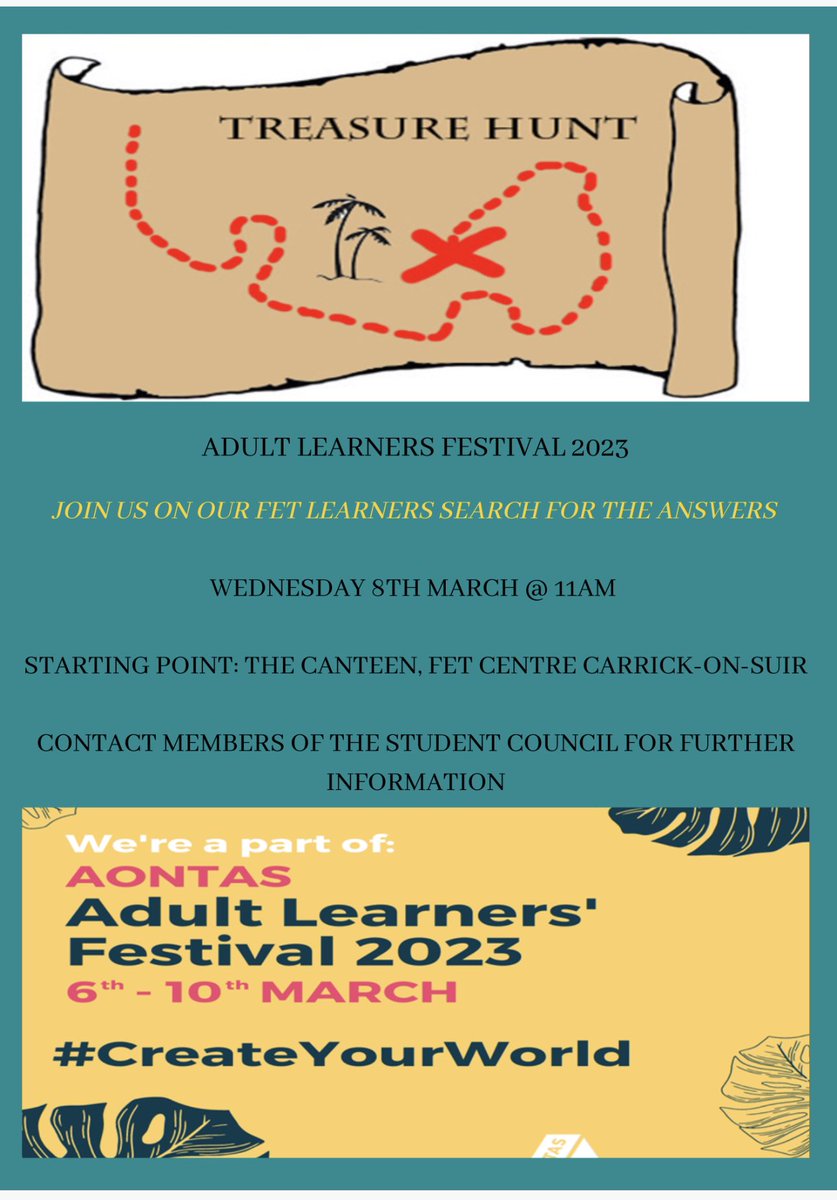 We are holding a treasure hunt next Wednesday as part of the #AdultLearnersFestival2023. We hope everyone in the centre will join in on the fun! #createyourworld @aontas @TipperaryETB @ETBIreland