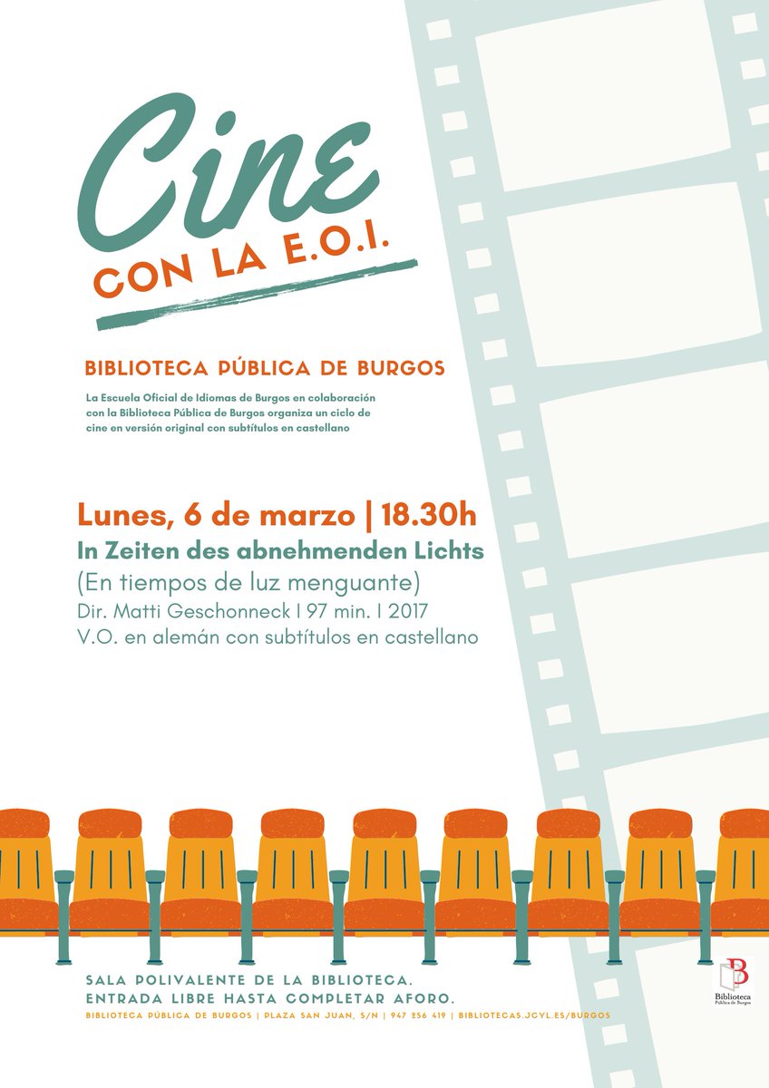 biblioburgos's tweet image. 🎬🇩🇪 👂Ciclo de cine en V.O.S.E. en colaboración con @EOIBurgos
“In Zeiten des abnehmenden Lichts” (En tiempos de luz menguante). Película en alemán. 
Un metafórico drama que retrata el desvanecimiento del sistema comunista.
6 de marzo I 18:30 h. I #BibliotecaPúblicaBurgos
#VOSE