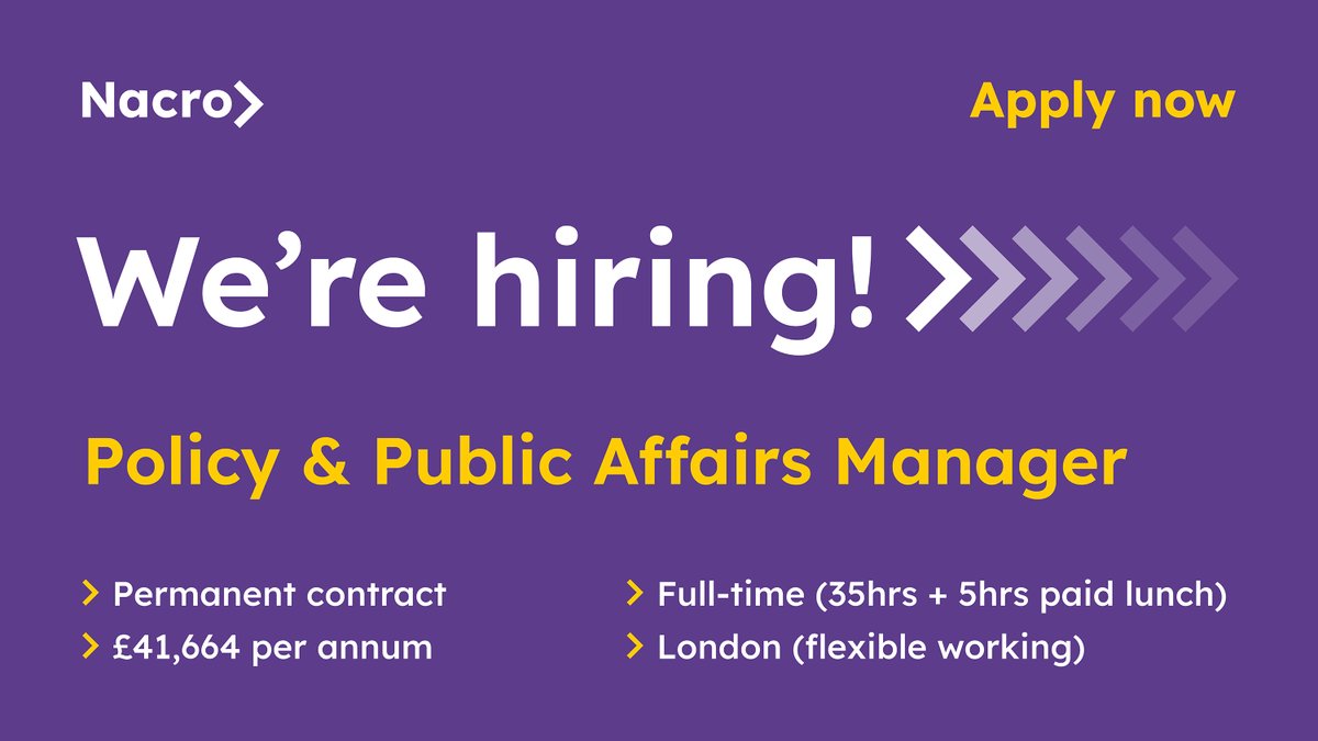 🚨 VACANCY ALERT! 🚨

Join Nacro as our Policy & Public Affairs Manager – help us drive a step-change in our policy and influence decision-makers to impact the areas in which we work for the better.

Find out more and apply: bit.ly/3moI5Hi #charityjobs #policyjobs