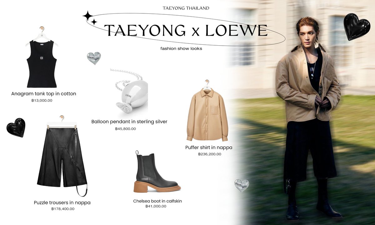 แทยงมาในชุดเต็มยศของแบรนด์ <a href="/LoeweOfficial/">LOEWE</a> 

-Anagram tank top in cotton
-Puzzle trousers in nappa
-Puffer shirt in nappa
-Balloon pendant in sterling silver
-Chelsea boot in calfskin

ลุคนี้รวมแล้วมูลค่า 514,400 บาท ❤️‍🔥

#LOEWExTAEYONG 
#LOEWEFW23 #TAEYONG #태용