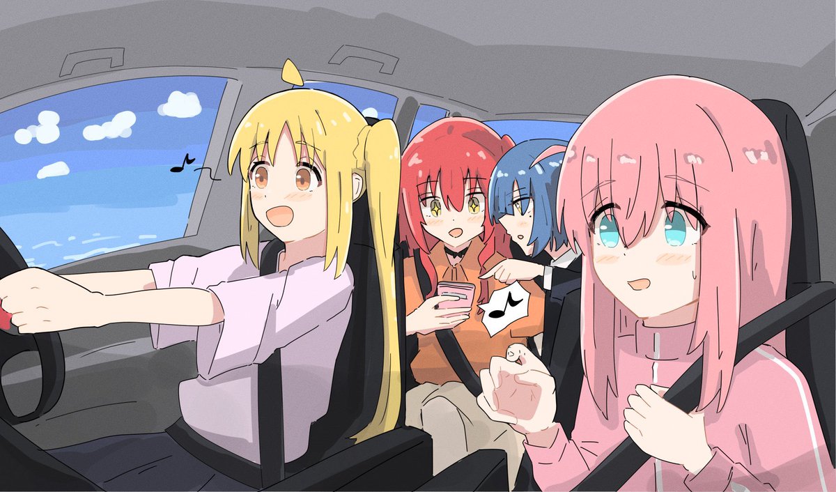 gotou hitori ,ijichi nijika 4girls multiple girls car interior red hair steering wheel blonde hair blue hair  illustration images