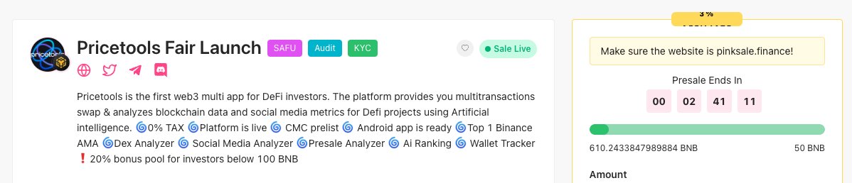 chinapumprocket's tweet photo. $PTOOLS is having its fairlaunch on pinksale with 3 badges: Audit , KYC and SAFU as well. Currently they’re raising over 600 BNB and can be thousand BNB in a last minute for sure. It’s a ZERO tax as well
🪙PinkSale Link:
https://t.co/10xGhighu3 https://t.co/zETiPHGzUS