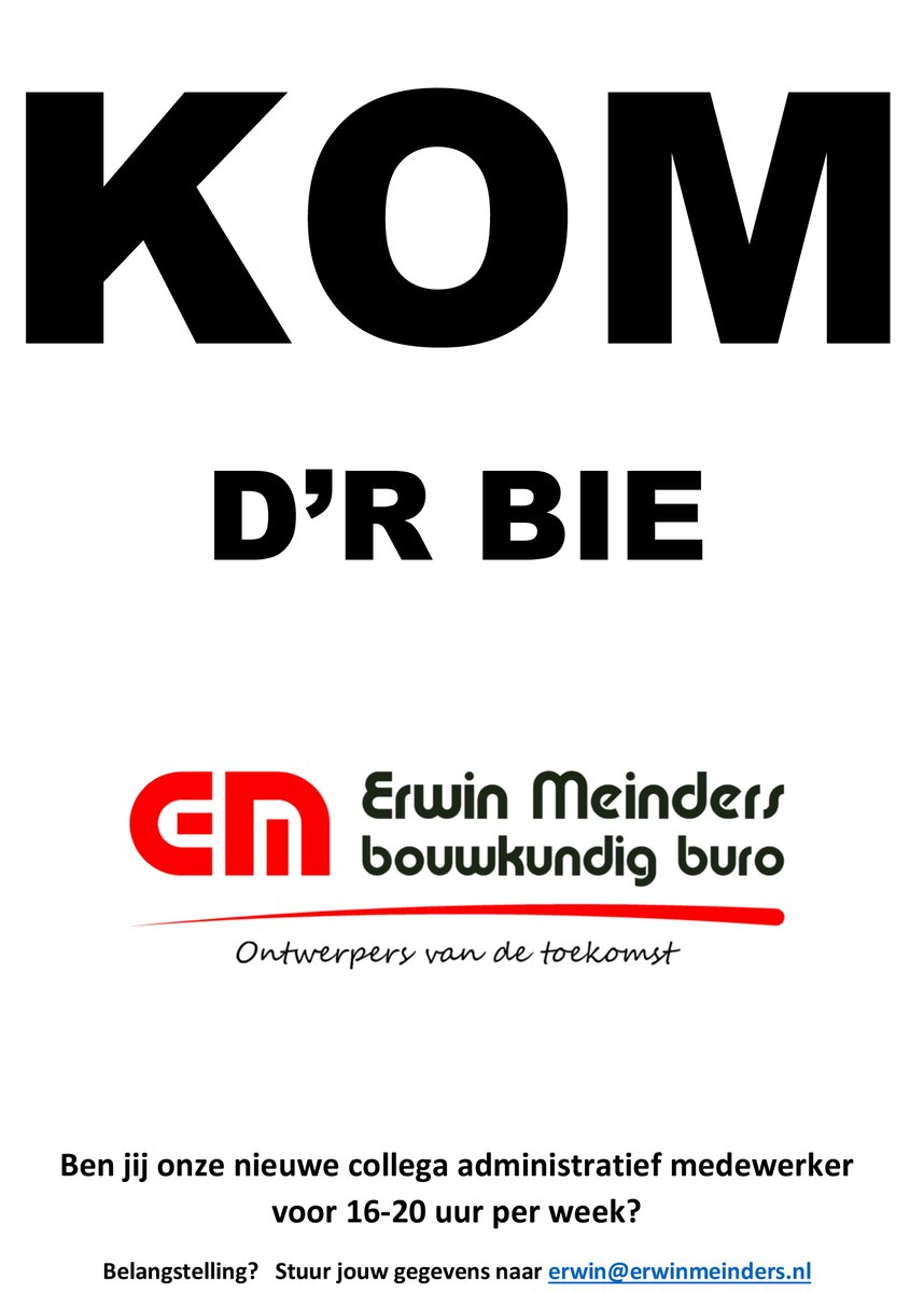 Erwin Meinders (@erwin_meinders) on Twitter photo 🫵😀 KOM D'R BIE 😀🫵
Wij zoeken een nieuwe collega administratief medewerk(st)er voor 16-20 uur per week.
Belangstelling? Mail erwin@erwinmeinders.nl
Delen wordt gewaardeerd.
#DesignbyMeinders #vacature #ErwinMeinders #ontwerp #design #architectuur #administratiefmedewerker 🫵😀 KOM D'R BIE 😀🫵
Wij zoeken een nieuwe collega administratief medewerk(st)er voor 16-20 uur per week.
Belangstelling? Mail erwin@erwinmeinders.nl
Delen wordt gewaardeerd.
#DesignbyMeinders #vacature #ErwinMeinders #ontwerp #design #architectuur #administratiefmedewerker