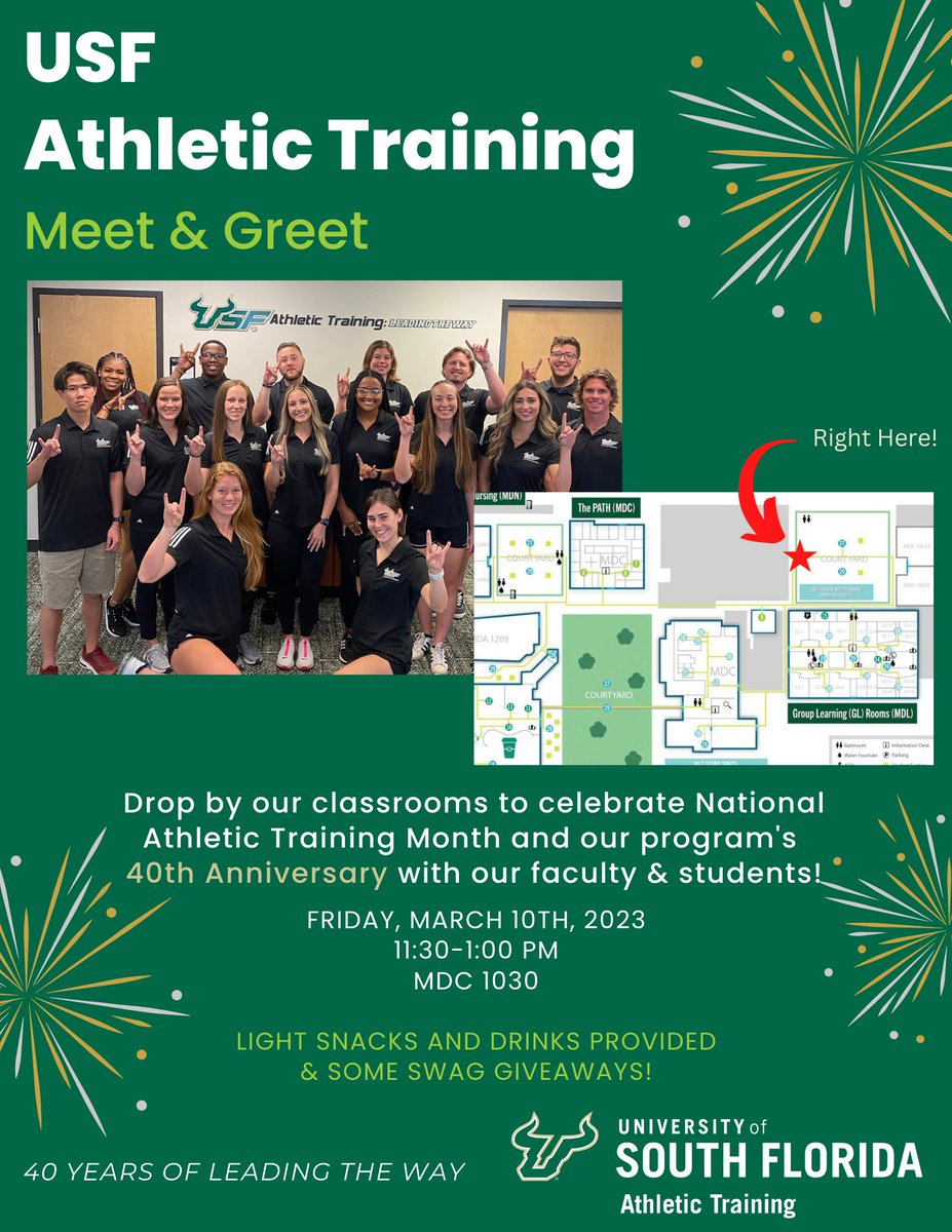 Join us next Fri., March 10th in our classrooms MDC 1030 to celebrate National Athletic Training Month, and our 40th anniversary. 
This is a casual meet &amp; greet with our faculty, staff, and students, along with light refreshments and cool swag giveaways!
#NATM2023 #leadingtheway