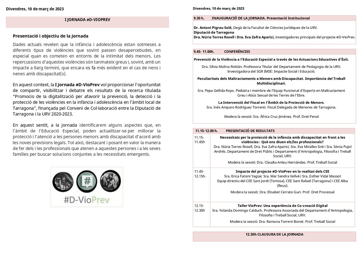 📢Vine a la I Jornada #D-VioPrev "Violències, Infància i Discapacitat en Entorns Educatius a TGN"  <a href="/universitatURV/">Universitat Rovira i Virgili</a> x conèixer-debatre els resultats d'una recerca centrada en la prevenció-detecció-protecció de les violències a la infància i l’adolesccència forms.gle/j4nwFvy5xAq6Jd…