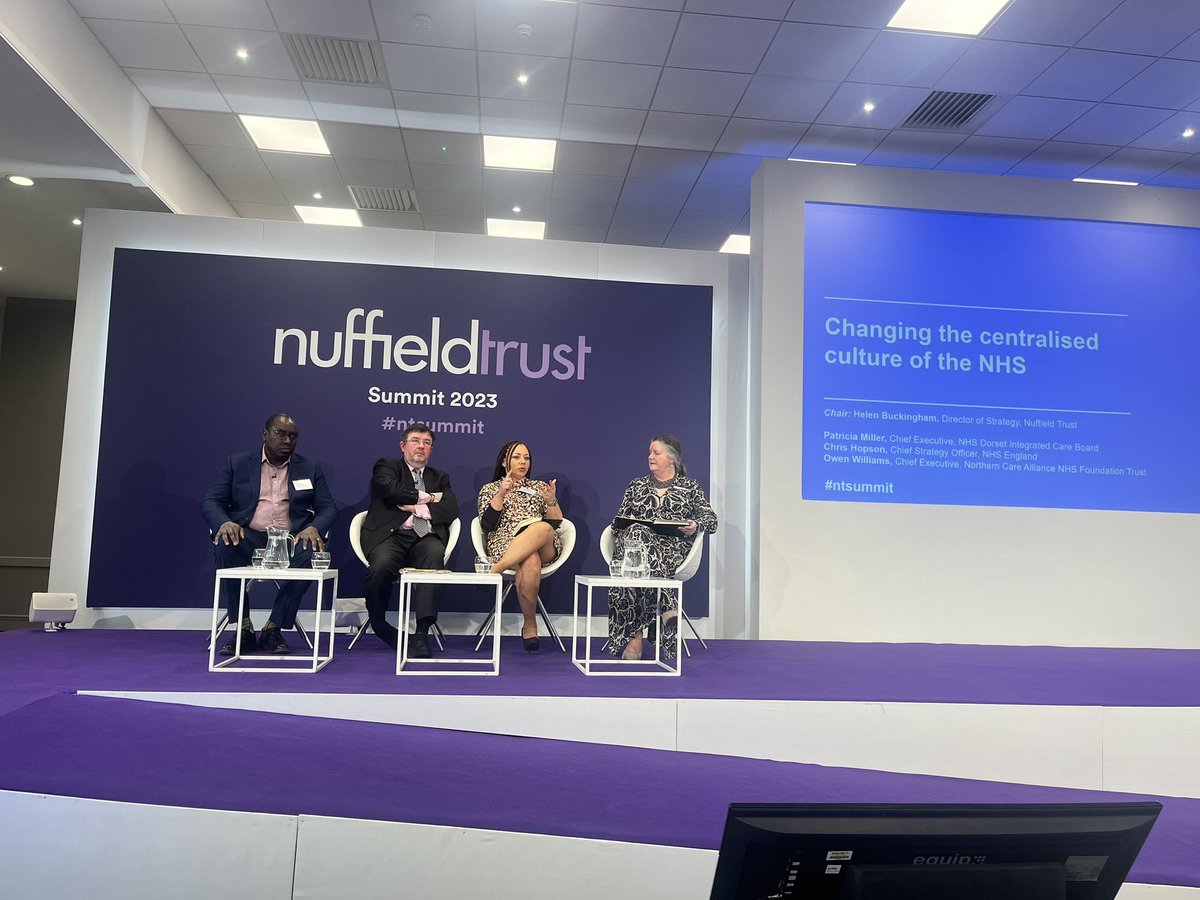 Really fascinating final panel of the #ntsummit on changing the centralised culture of the NHS chaired by @buckinghamh. Interesting conversations on leadership, power, trust and accountability.