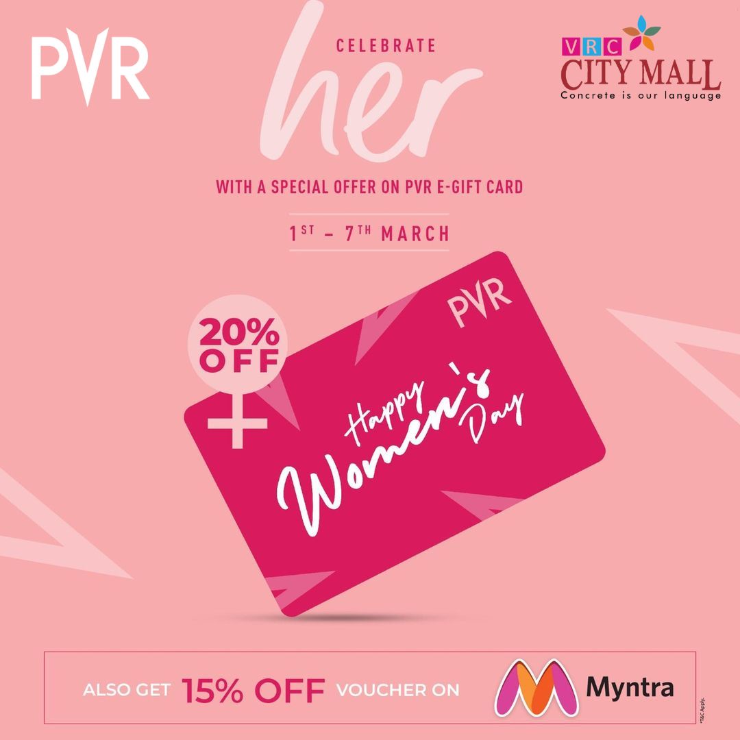 vrccitymall's tweet photo. This Women’s Day, celebrate the wonderful women in your life by giving them the gift of entertainment! Avail 20% off on PVR E-Gift Card from 1st to 7th March'23 and get an additional 15% off voucher on @myntra
Grab your gift card now.
#PVRGiftCard #WomensDay2023 #vrccitymall https://t.co/8yKVDvZGM3